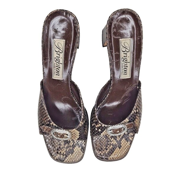 Brighton Women's Tan Leather France Snakeskin Pattern Peep Toe Heels Sz US 8 M - Picture 1 of 8
